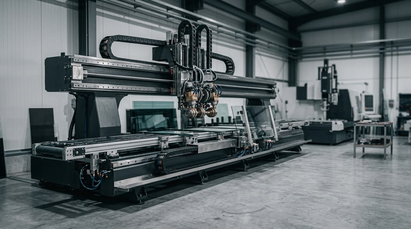 Máquina de corte de vidro numa nave industrial
