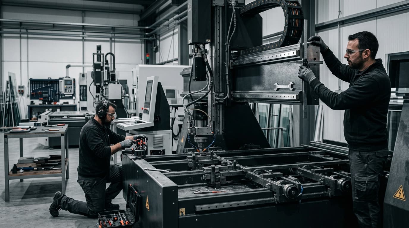 Dois técnicos a montar uma máquina de vidro